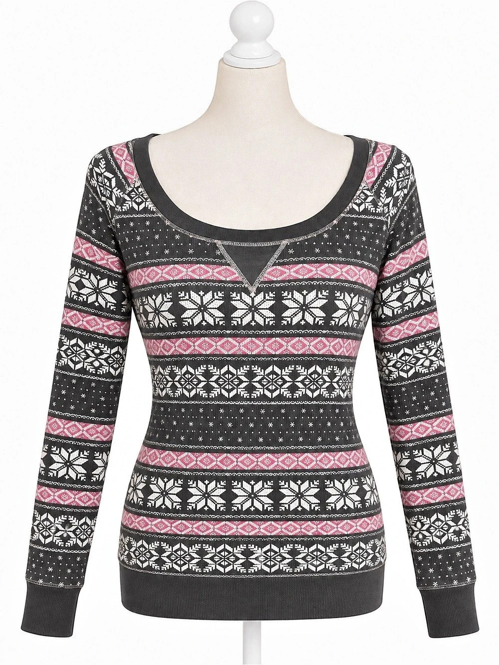 Victoria’s Secret Fair Isle Thermal Top S Gray Pink Snowflake Y2K Winter Cozy